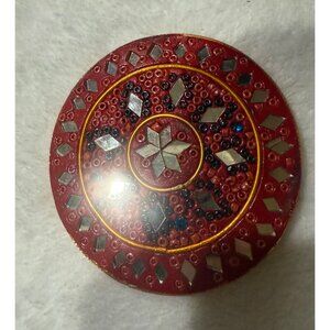 Handcrafted Red Round Beaded Mirror Mosaic  3" Diameter Red Makeup Mirror Mosaic